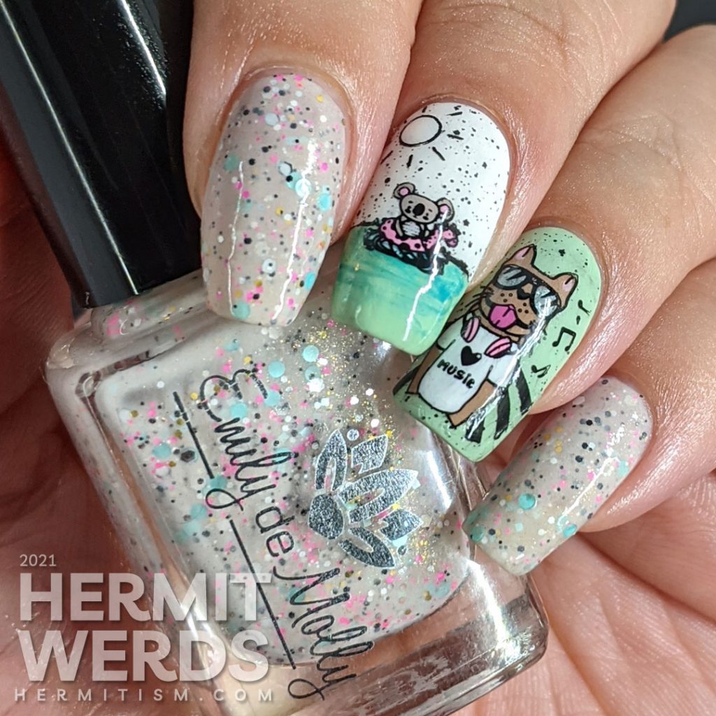 Pool party nail art using mint polish and a soft beige glitter crelly with stamping decals of anthropomorphic animals swimming and dj-ing.