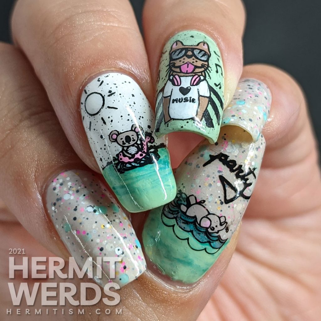 Pool party nail art using mint polish and a soft beige glitter crelly with stamping decals of anthropomorphic animals swimming and dj-ing.