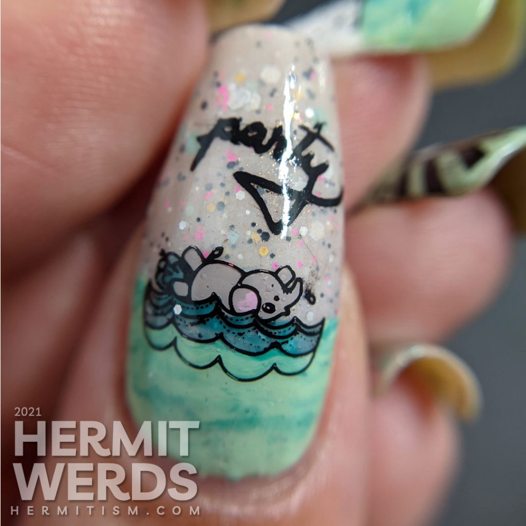 Pool party nail art using mint polish and a soft beige glitter crelly with stamping decals of anthropomorphic animals swimming and dj-ing.