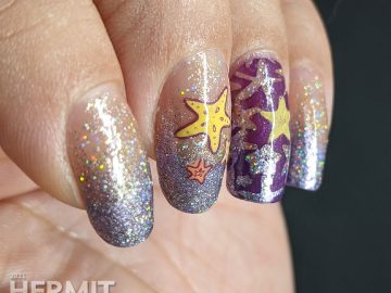 A purple baby boomer french tip nail art with a solar holographic glitter polish and starfish stamping decals on top.