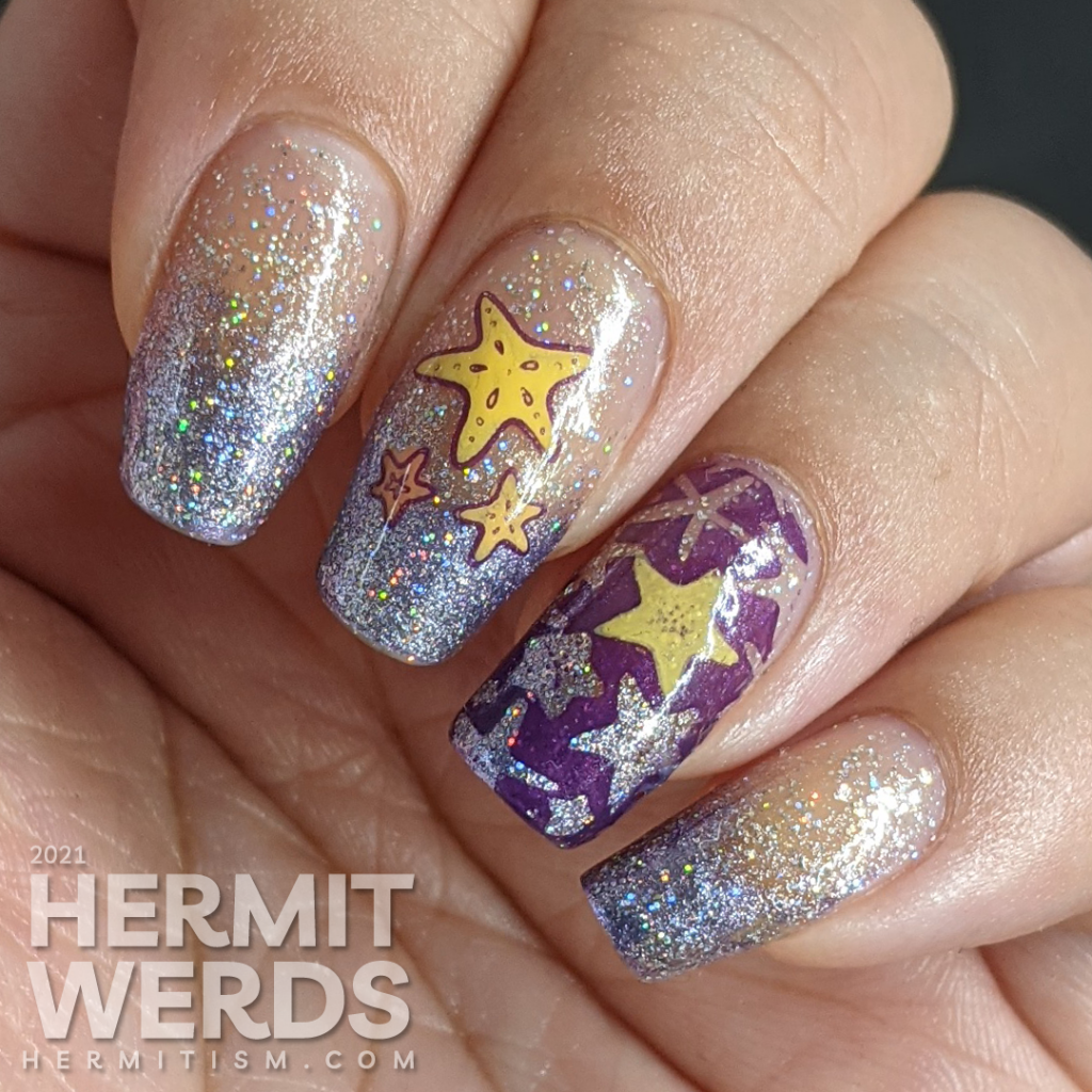 A purple baby boomer French tip nail art with a solar holographic glitter polish and starfish stamping decals on top.