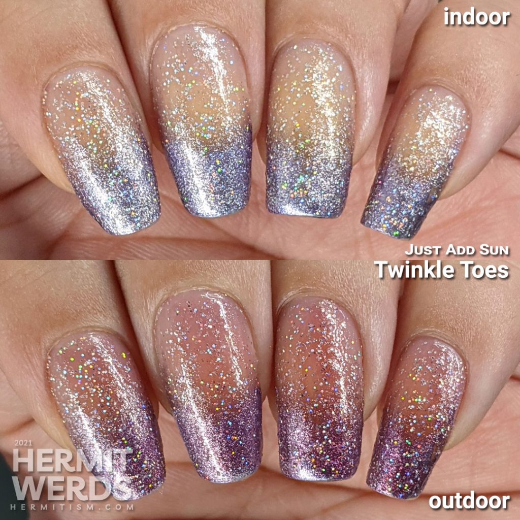 Just Add Sun "Twinkle Toes" in indoor and outdoor lighting over a purple baby boomer French tip.