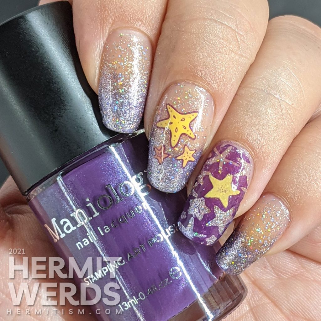 A purple baby boomer French tip nail art with a solar holographic glitter polish and starfish stamping decals on top.