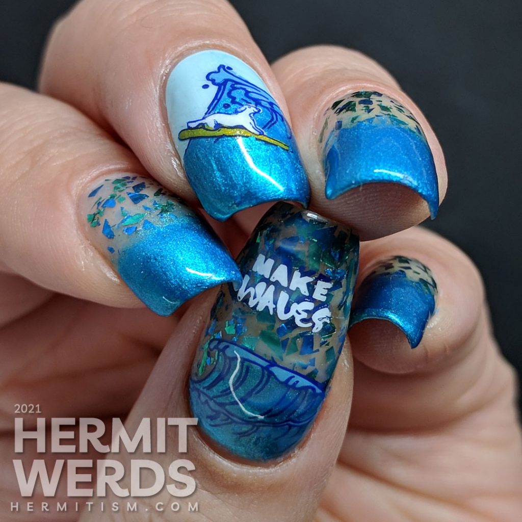 Shimmery blue and green ocean nail art with a stamping decal of a little white dog catching a wave/surfing.