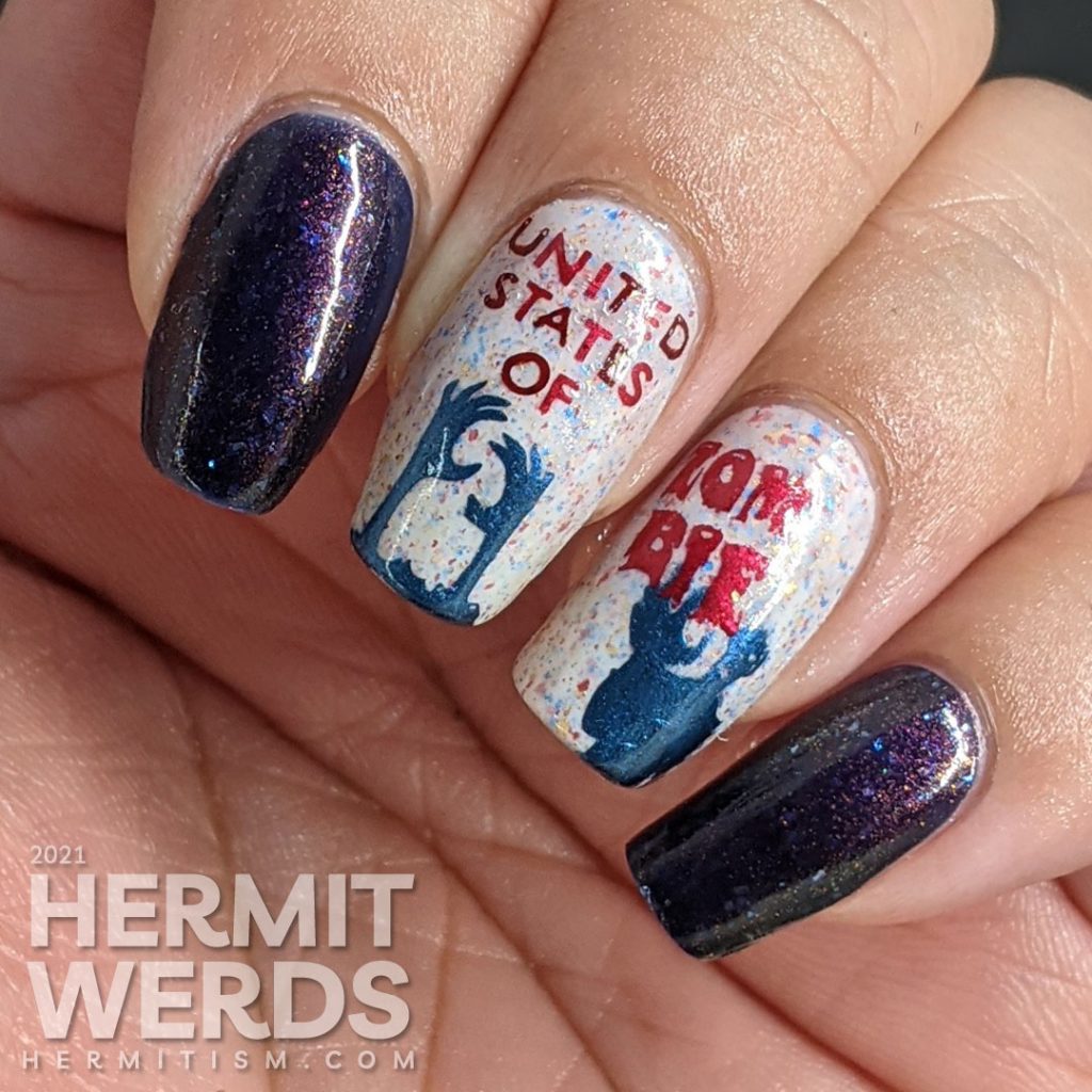 Patriotic nail art for the United States of Zombies with a red white and blue crelly and zombie stamping decals.