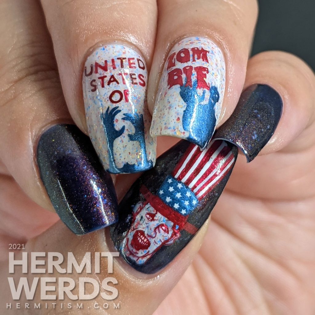 Patriotic nail art for the United States of Zombies with a red white and blue crelly and zombie stamping decals.