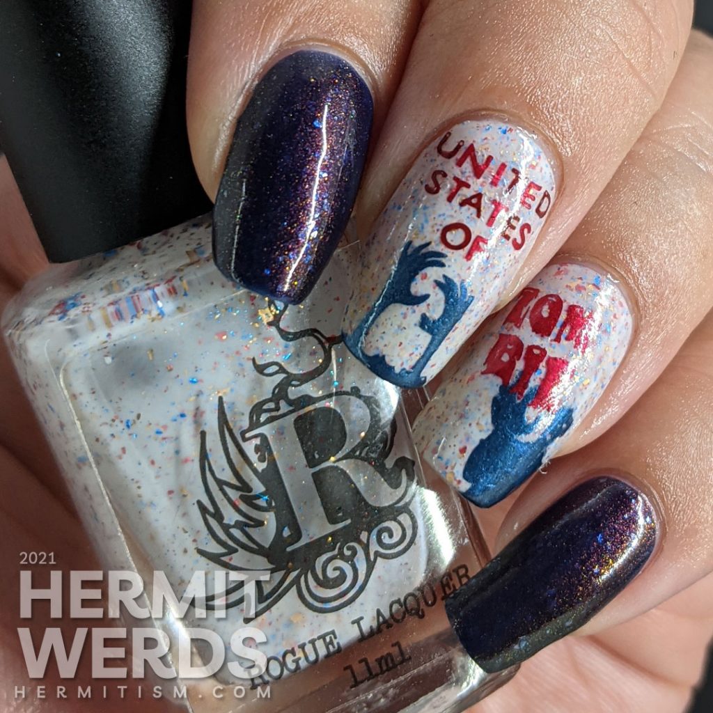 Patriotic nail art for the United States of Zombies with a red white and blue crelly and zombie stamping decals.