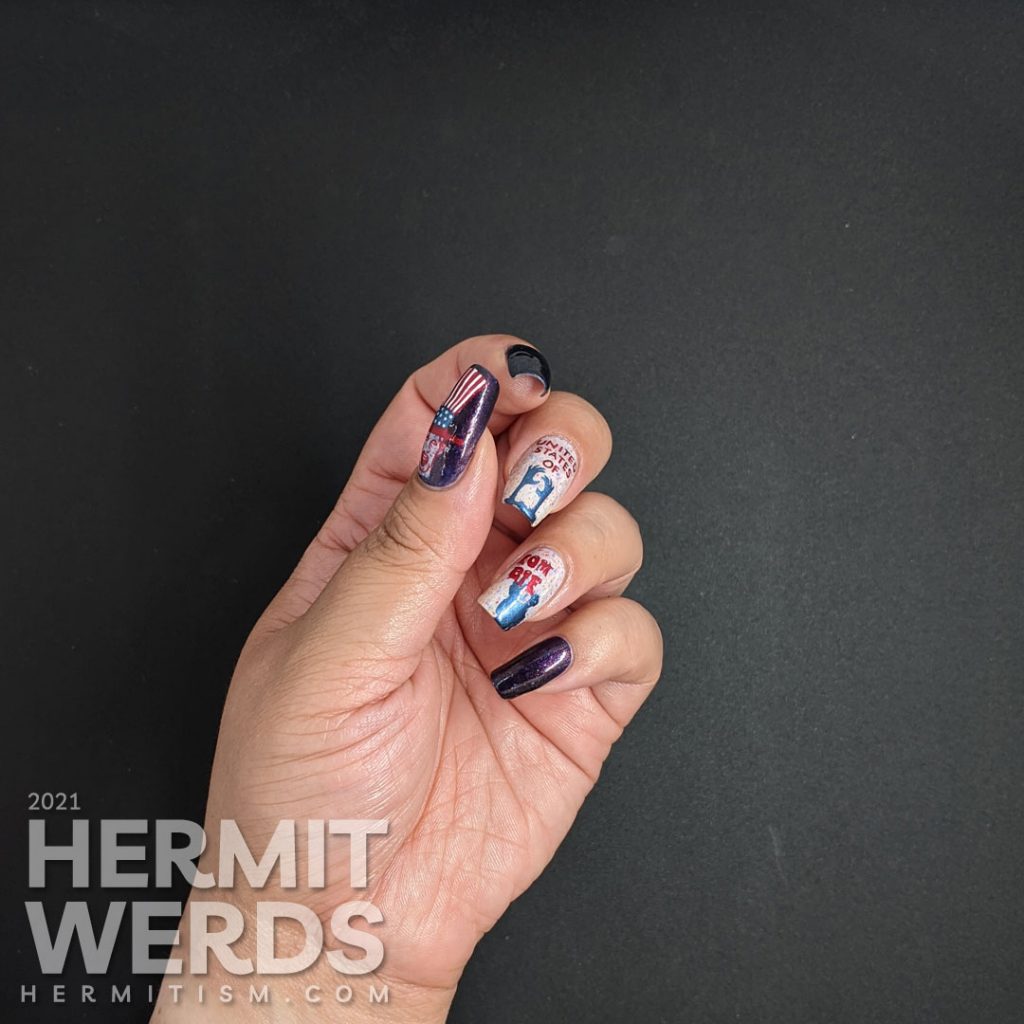 Patriotic nail art for the United States of Zombies with a red white and blue crelly and zombie stamping decals.