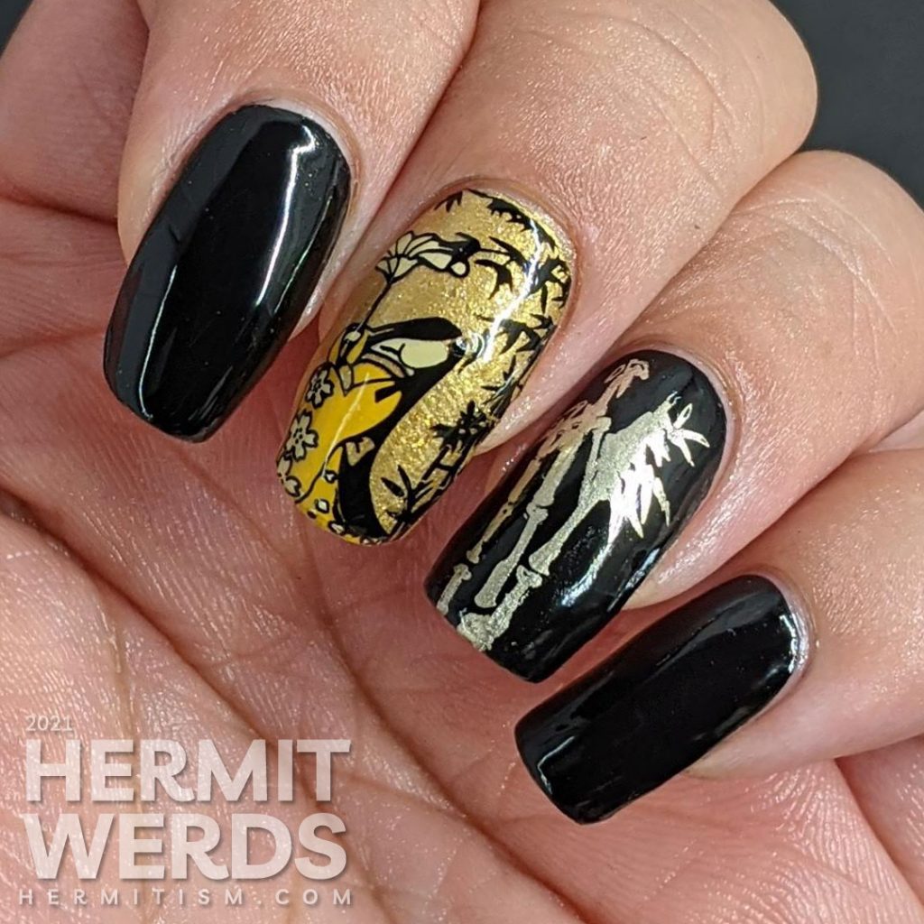 Elegant bamboo forest nail art with stamping images of a lady wearing a kimono and a house built deep in a bamboo forest.
