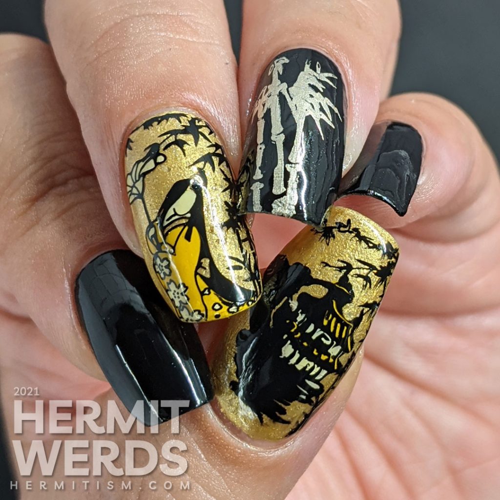 Elegant bamboo forest nail art with stamping images of a lady wearing a kimono and a house built deep in a bamboo forest.