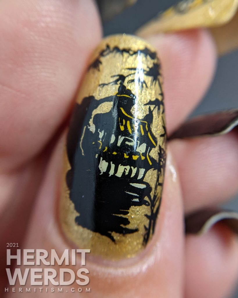 Elegant bamboo forest nail art with stamping images of a lady wearing a kimono and a house built deep in a bamboo forest.