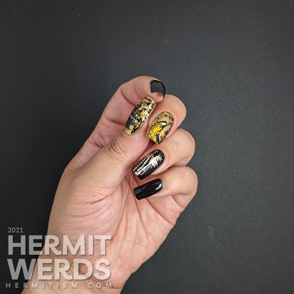 Elegant bamboo forest nail art with stamping images of a lady wearing a kimono and a house built deep in a bamboo forest.