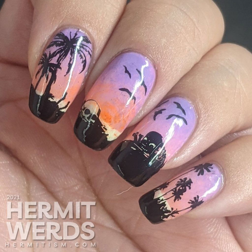 A sunset beach-themed nail art with nail stamps of palm trees, seagulls, and skeletons. The best of tropical nightmares.