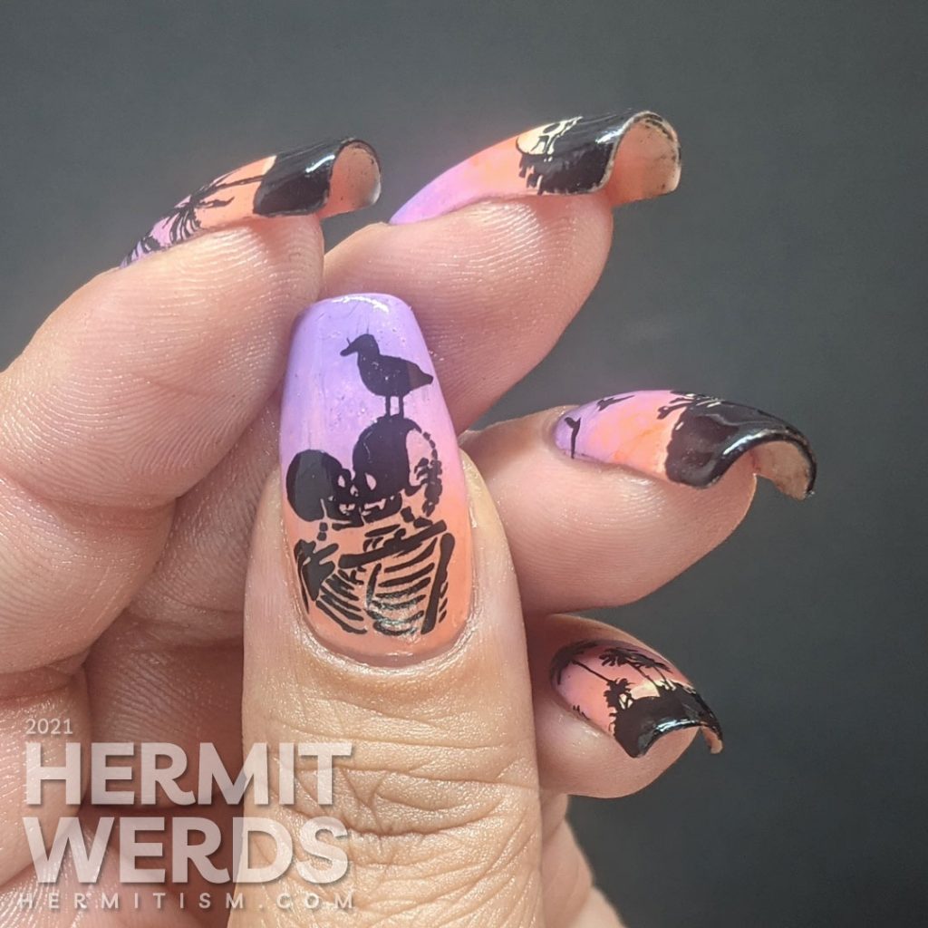 A sunset beach-themed nail art with nail stamps of palm trees, seagulls, and skeletons. The best of tropical nightmares.