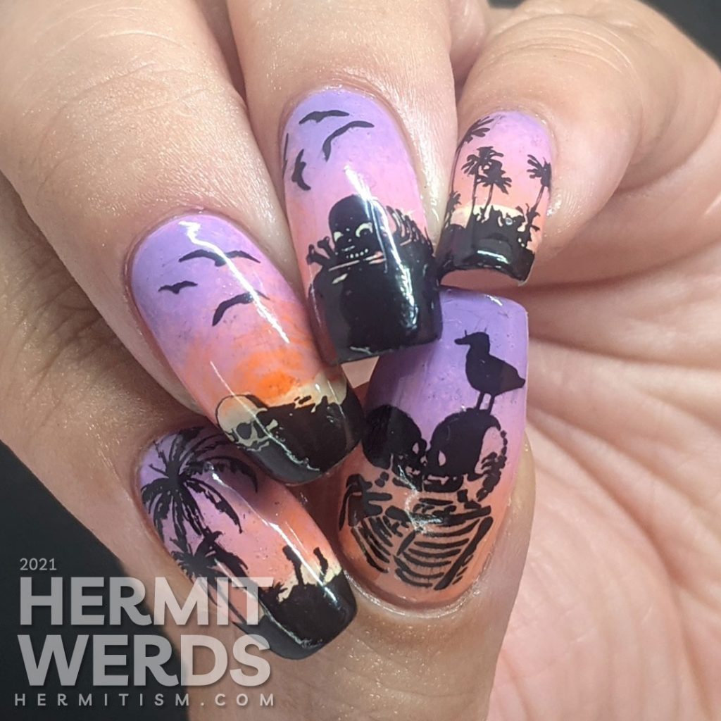 A sunset beach-themed nail art with nail stamps of palm trees, seagulls, and skeletons. The best of tropical nightmares.