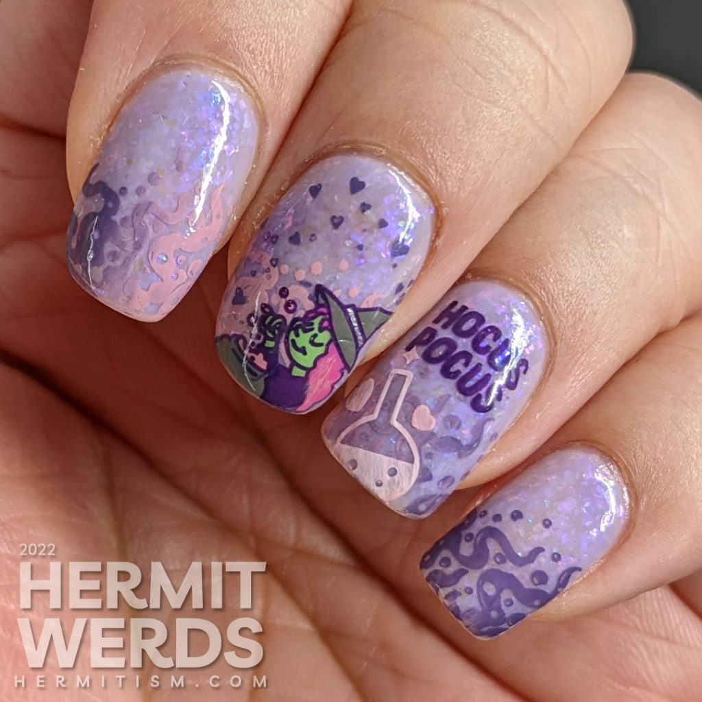 A witchy Valentine's Day nail art w/stamping decals of a cute witch brewing up a love potion with lots of hearts on a lilac flakie polish.