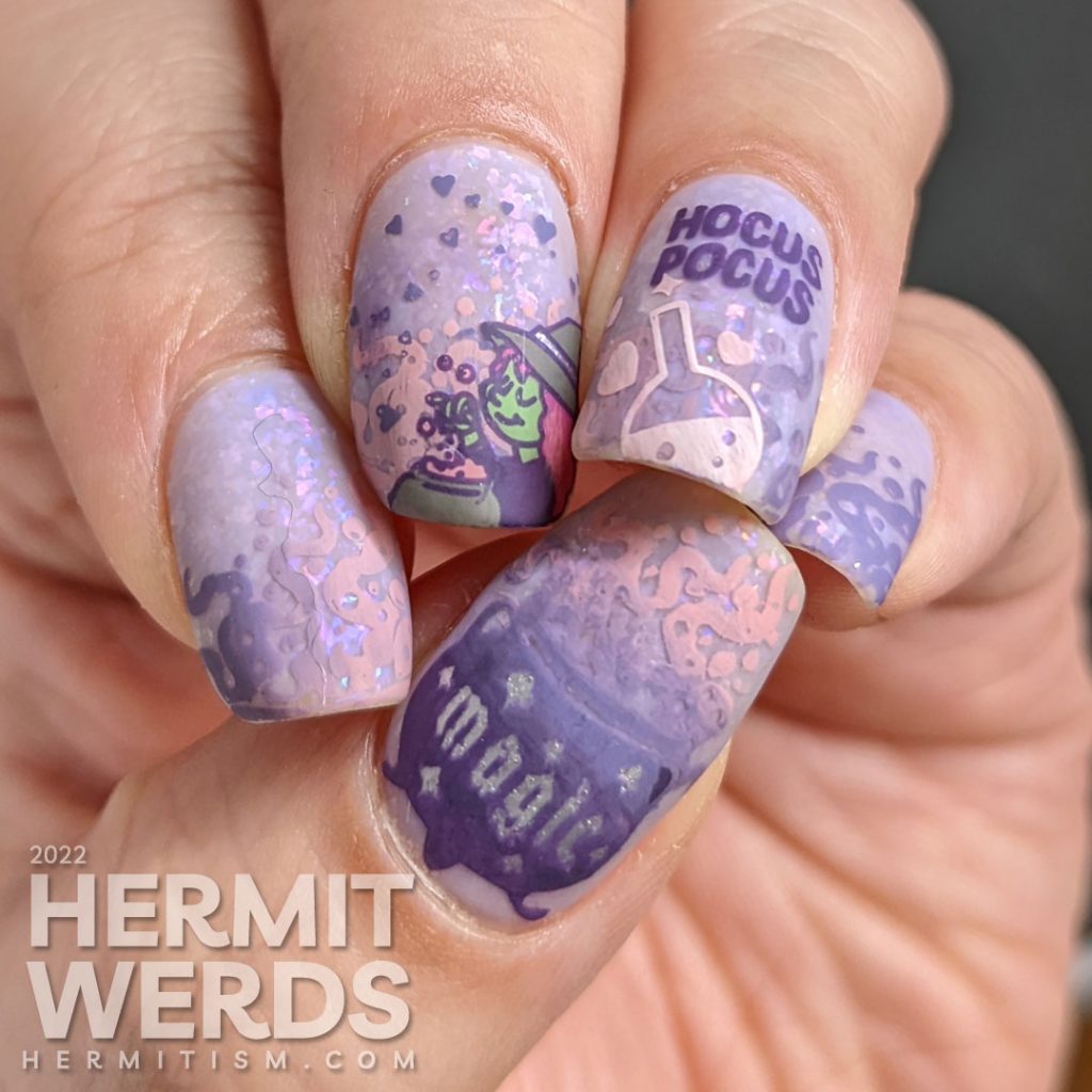 A witchy Valentine's Day nail art w/stamping decals of a cute witch brewing up a love potion with lots of hearts on a lilac flakie polish.