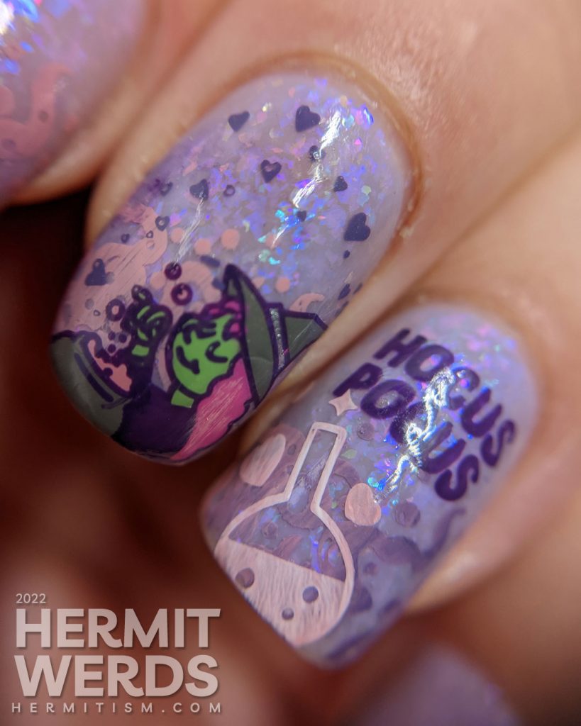 A witchy Valentine's Day nail art w/stamping decals of a cute witch brewing up a love potion with lots of hearts on a lilac flakie polish.