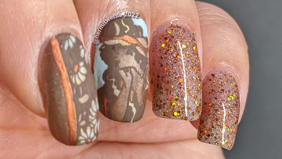 A soft, golden brown art nouveau nail art with a beautiful art nouveau woman, florals, and accompanying sparkly accent nails.