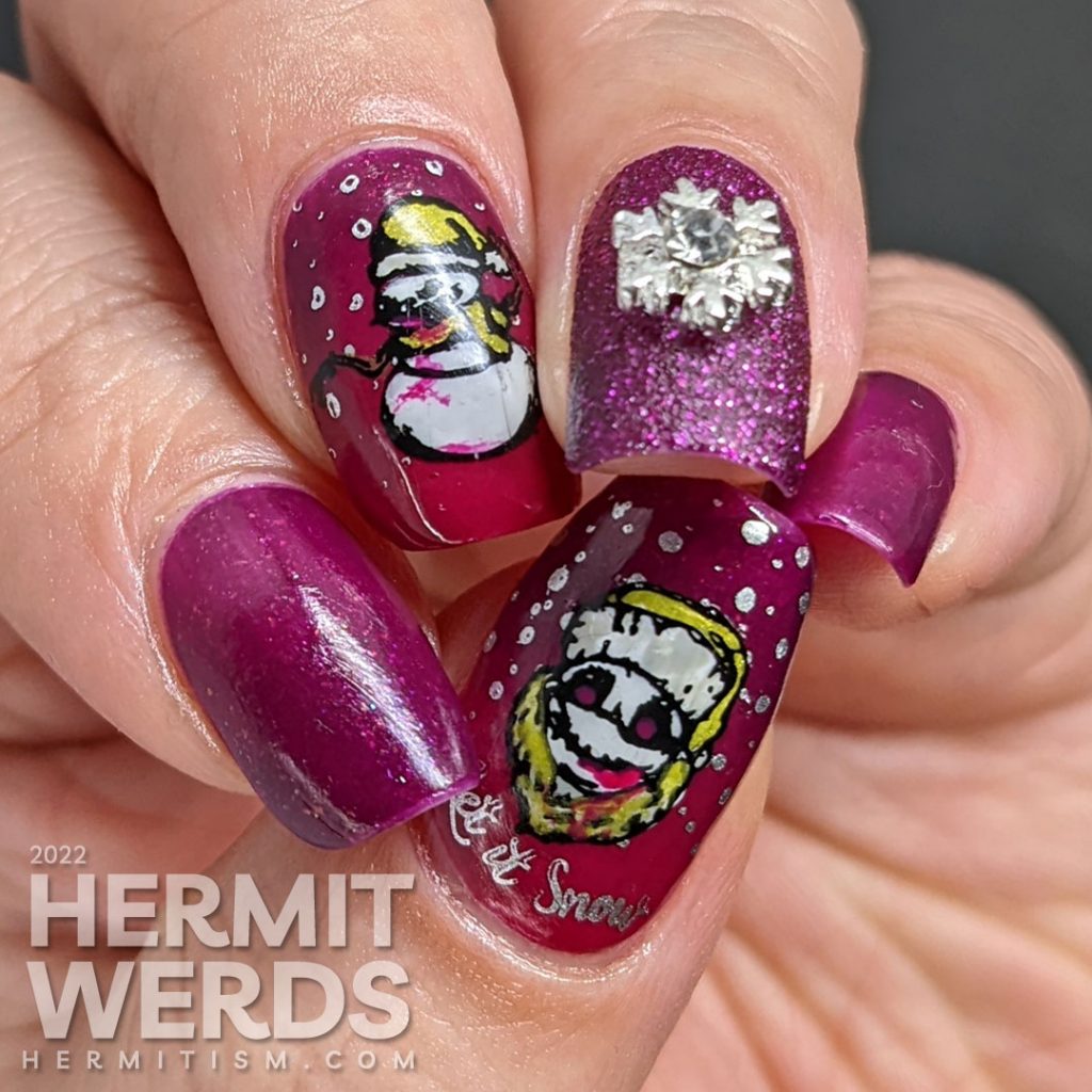 Beautiful berry mani with a textured accent nail + silver snowflake nail charm offset by stamping decals of scary bloody snowmen.