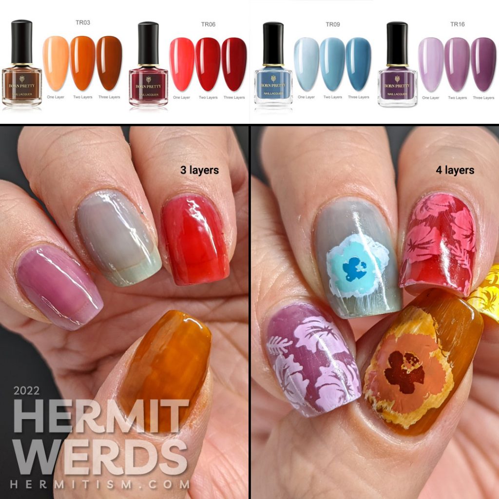 A rainbow skittle pond nail art with hibiscus stamping decals sandwiched in layers of red, purple, blue, yellow, and orange jelly polish.