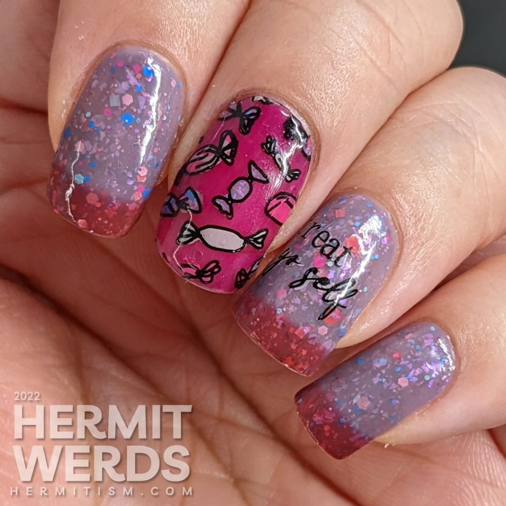 Candy nail art with sweet wrapped treats on a purple and dark pink thermal polish stuffed with glitters.