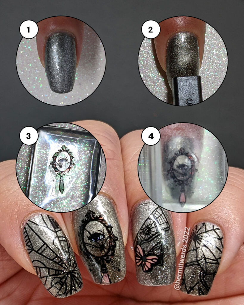 A mini tutorial for silver magnetic bad luck nail art with reverse stamping decals of broken mirrors, mirror shards, and butterflies.