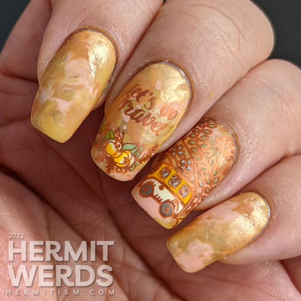 A soft orange smoosh mani with cute bus and camera stamping decals with plants growing out of and around them.