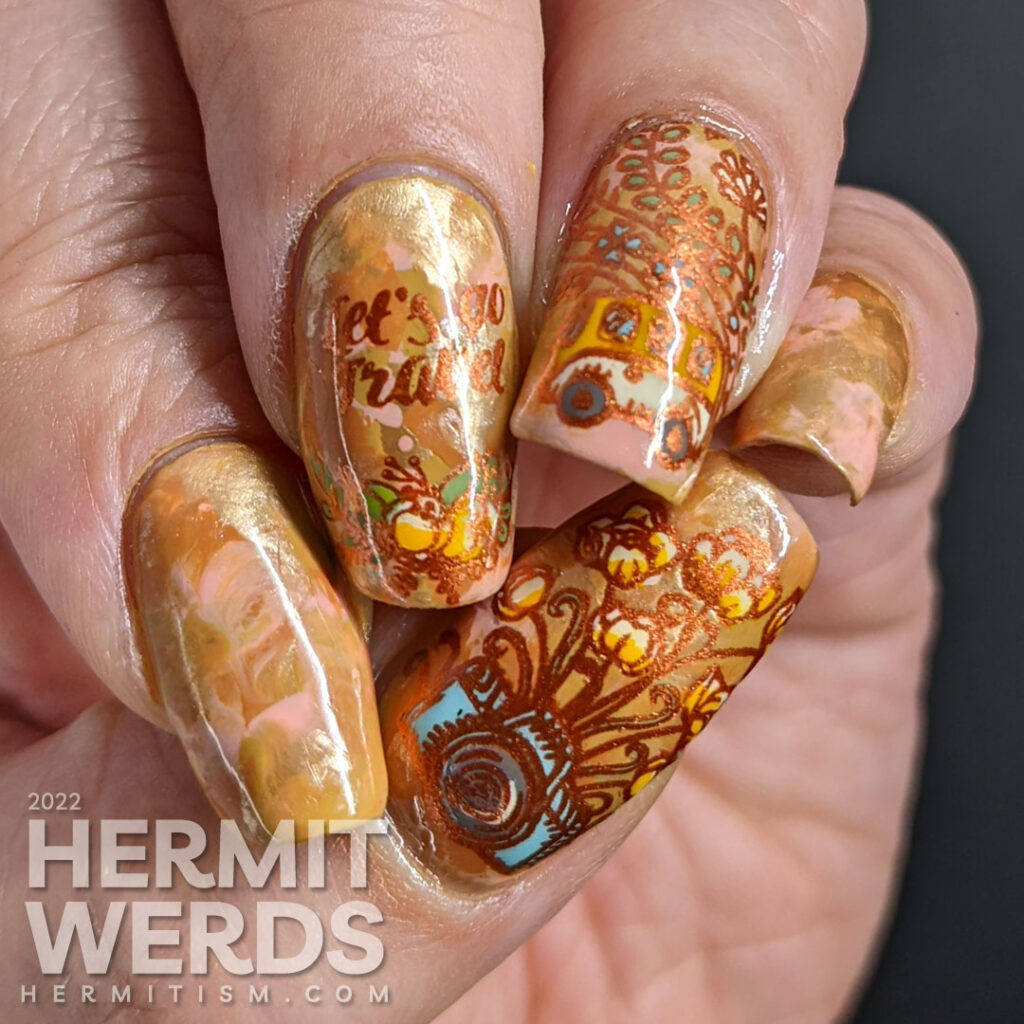 A soft orange smoosh mani with cute bus and camera stamping decals with plants growing out of and around them.