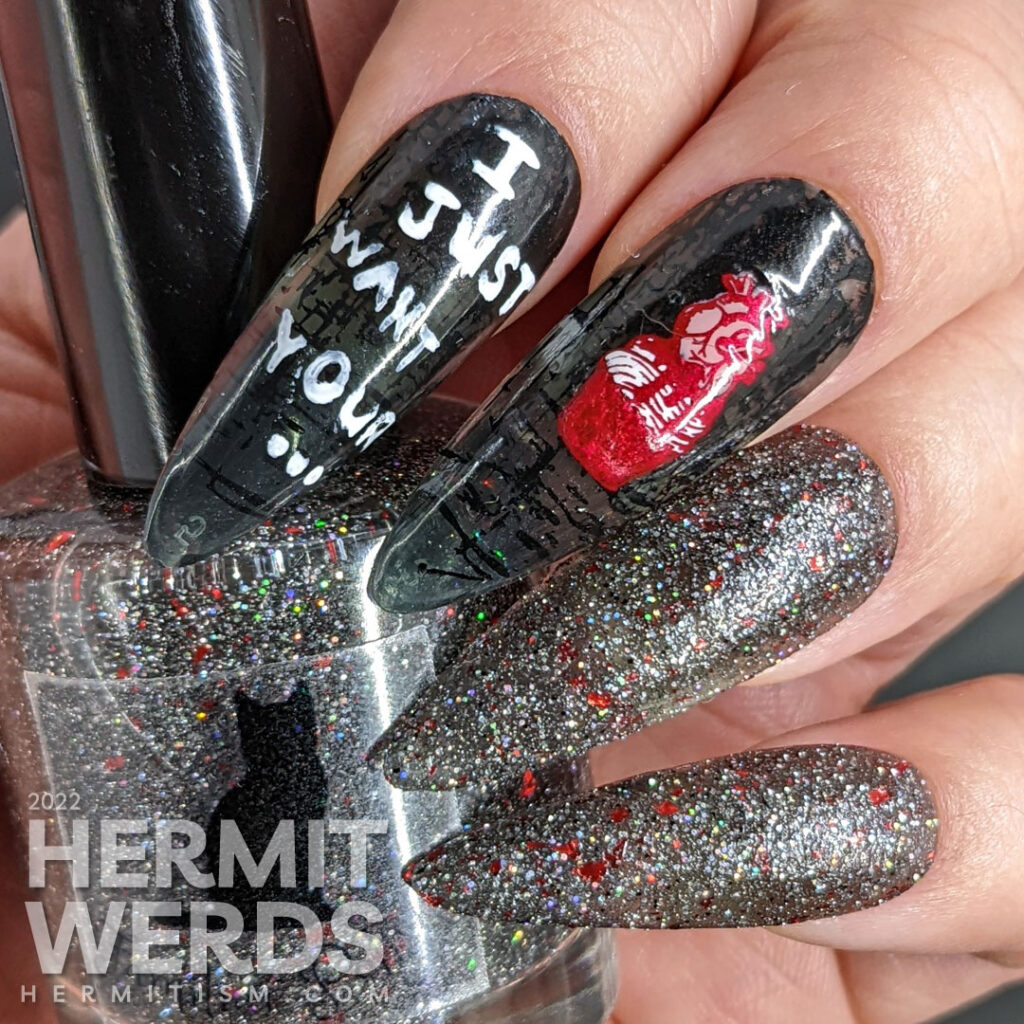 An anti-Valentine yet Halloween gothic nail art with a heart-stealing demon lady and anatomical heart cupcake and gothic reflective glitter.