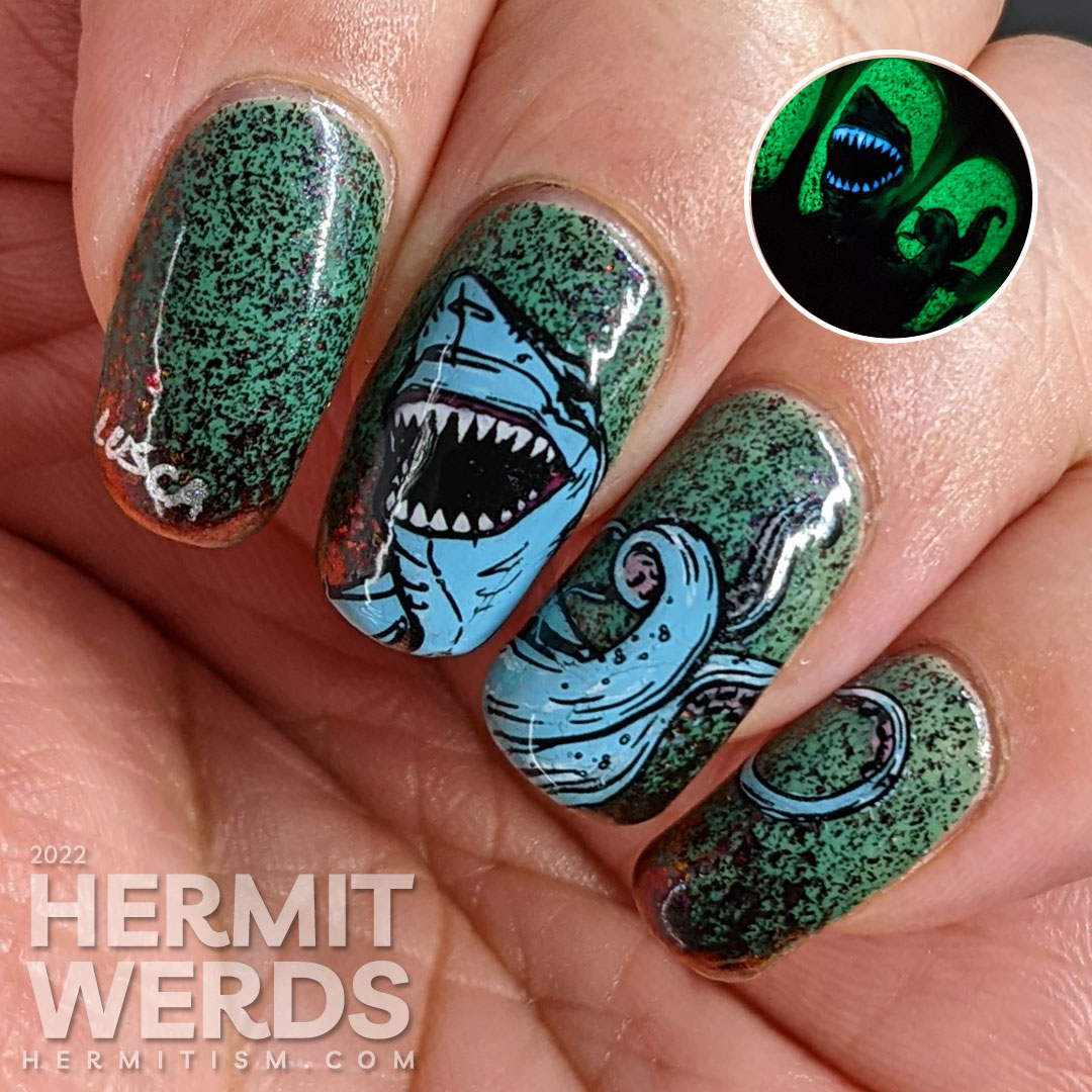 A glow in the dark nail art of a Caribbean half octopus half shark monster, lusca, attacking against a black/red duochrome teal sea.