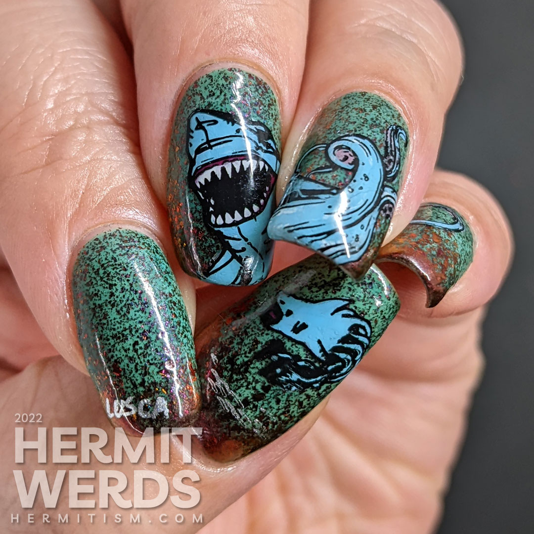 A glow in the dark nail art of a Caribbean half octopus half shark monster, lusca, attacking against a black/red duochrome teal sea.