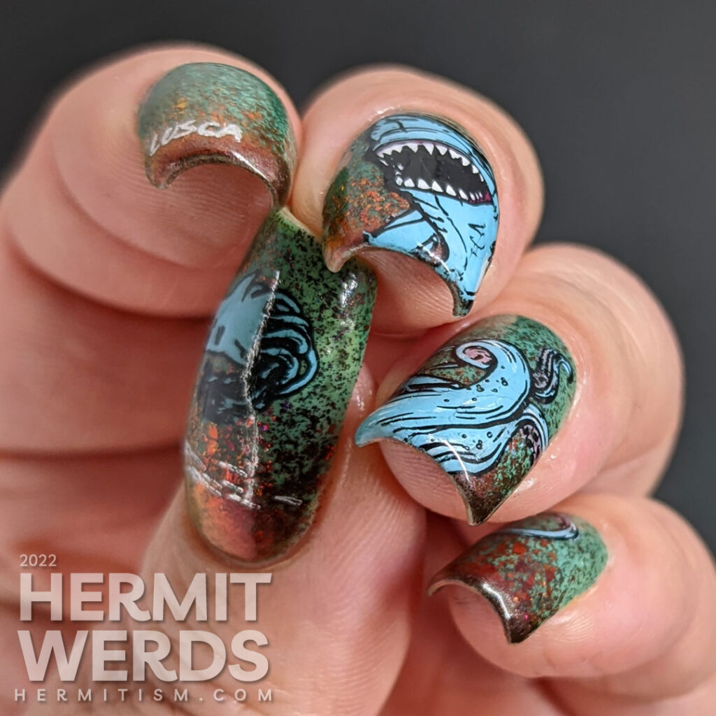 A glow in the dark nail art of a Caribbean half octopus half shark monster, lusca, attacking against a black/red duochrome teal sea.