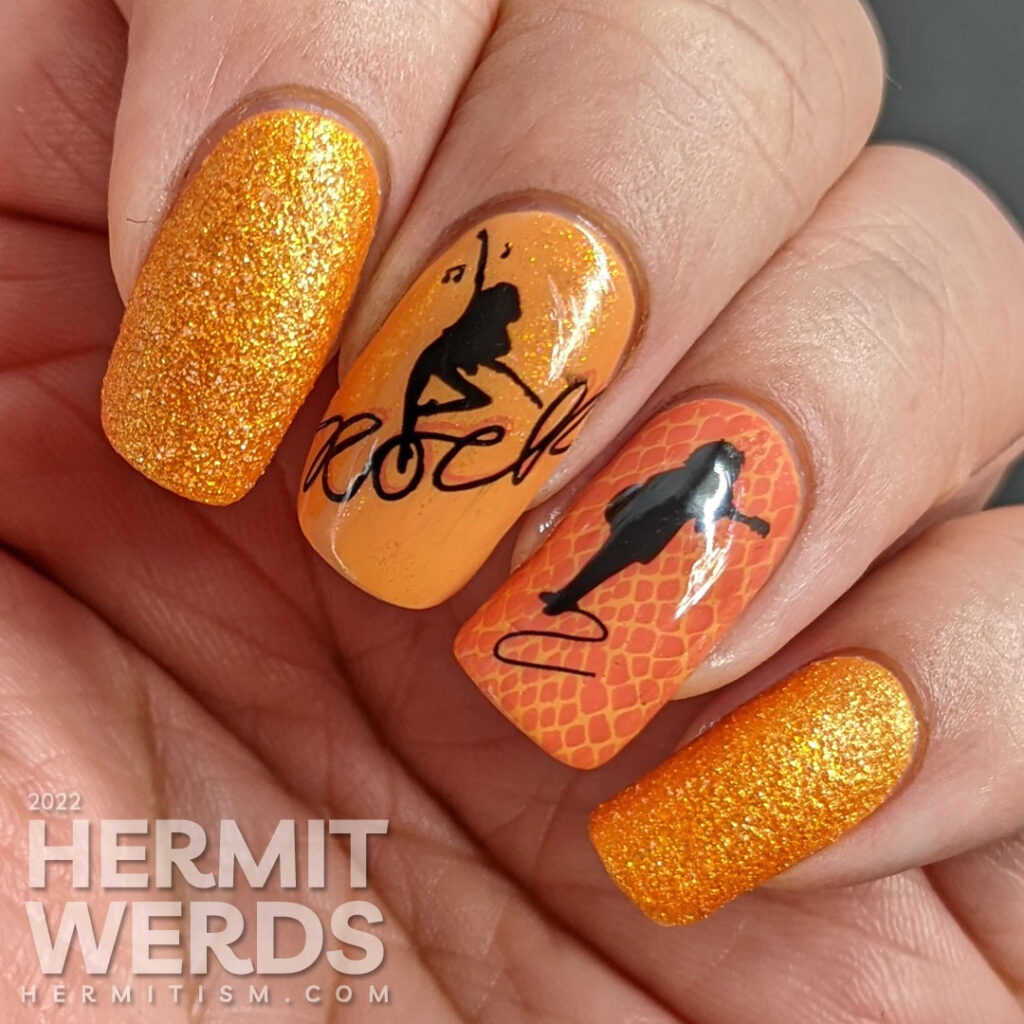 Orange Rock 'n Roll nail art complete with nail stamping of snakeskin animal print, a guitarist, and singer/dancer, and Pixiedust polish.