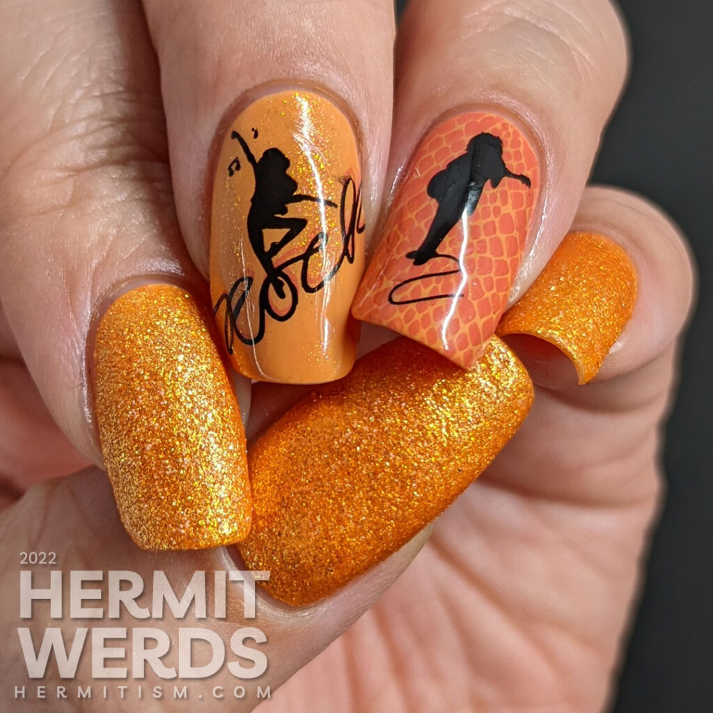 Orange Rock 'n Roll nail art complete with nail stamping of snakeskin animal print, a guitarist, and singer/dancer, and Pixiedust polish.