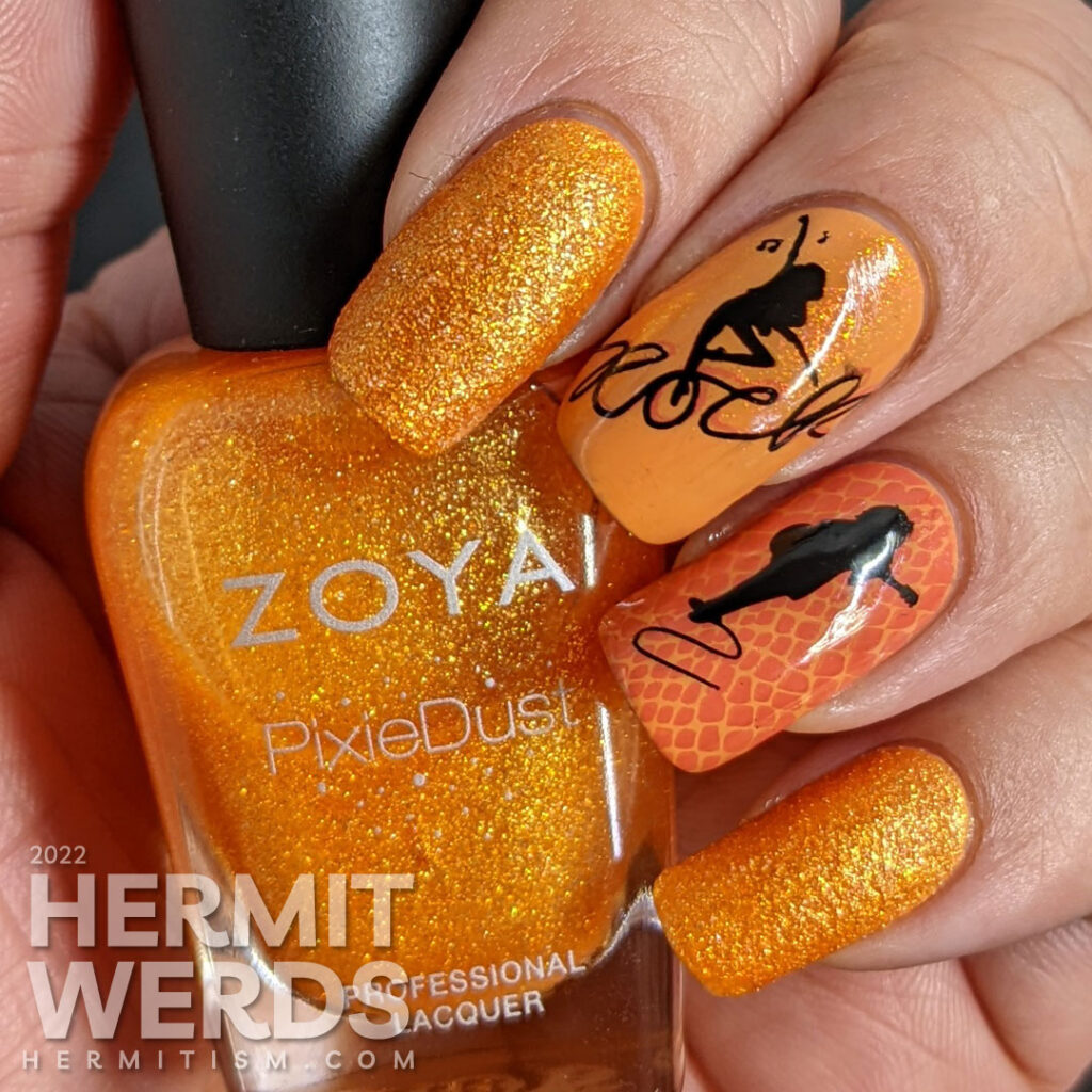 Orange Rock 'n Roll nail art complete with nail stamping of snakeskin animal print, a guitarist, and singer/dancer, and Pixiedust polish.