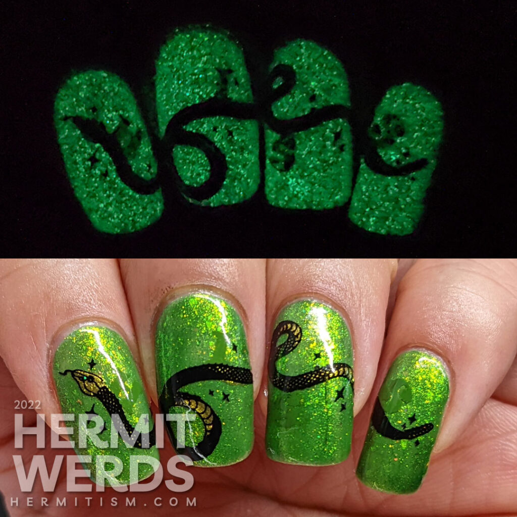 A green glow in the dark nail art with a long snake stamping decal stretched across the nails and a hidden snake-y message.