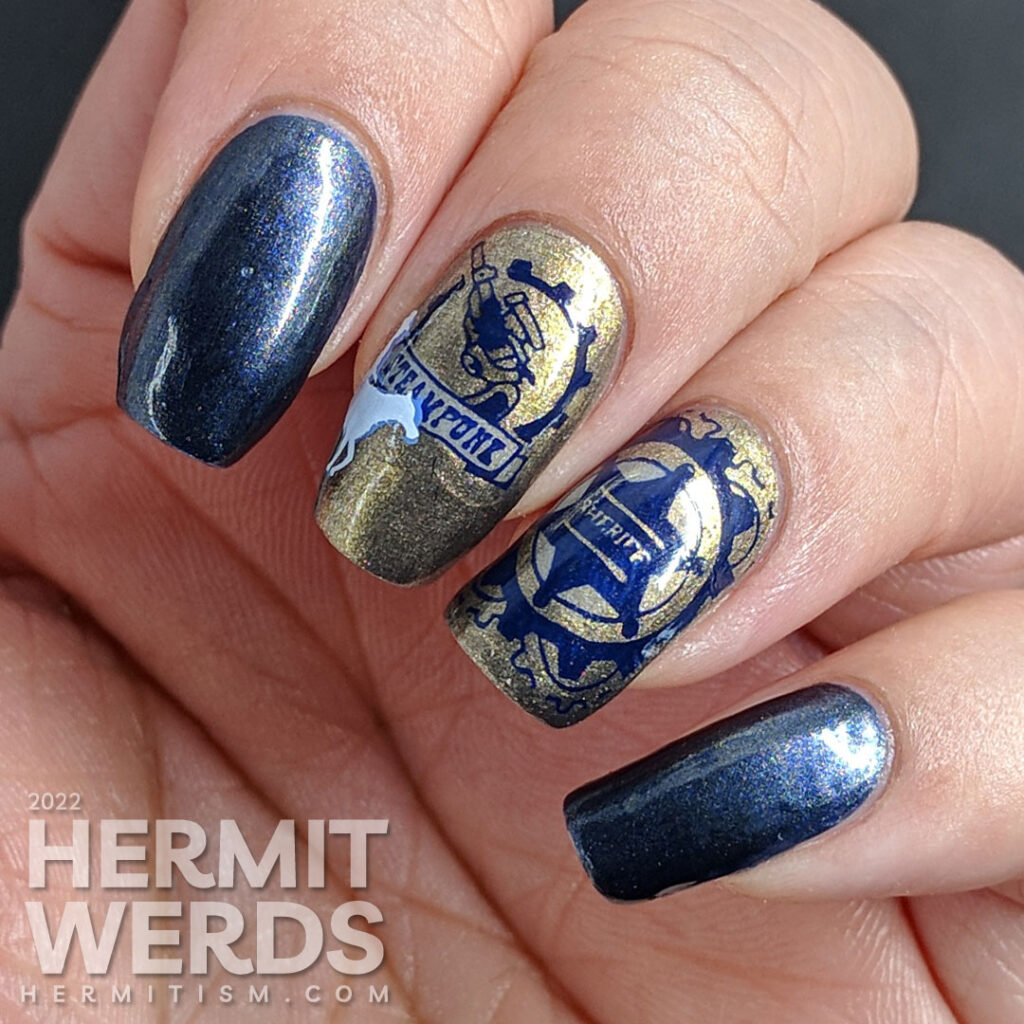 A dark blue steampunk nail art with a Westernpunk theme of sheriffs and horses stamped with an old gold stamping polish.