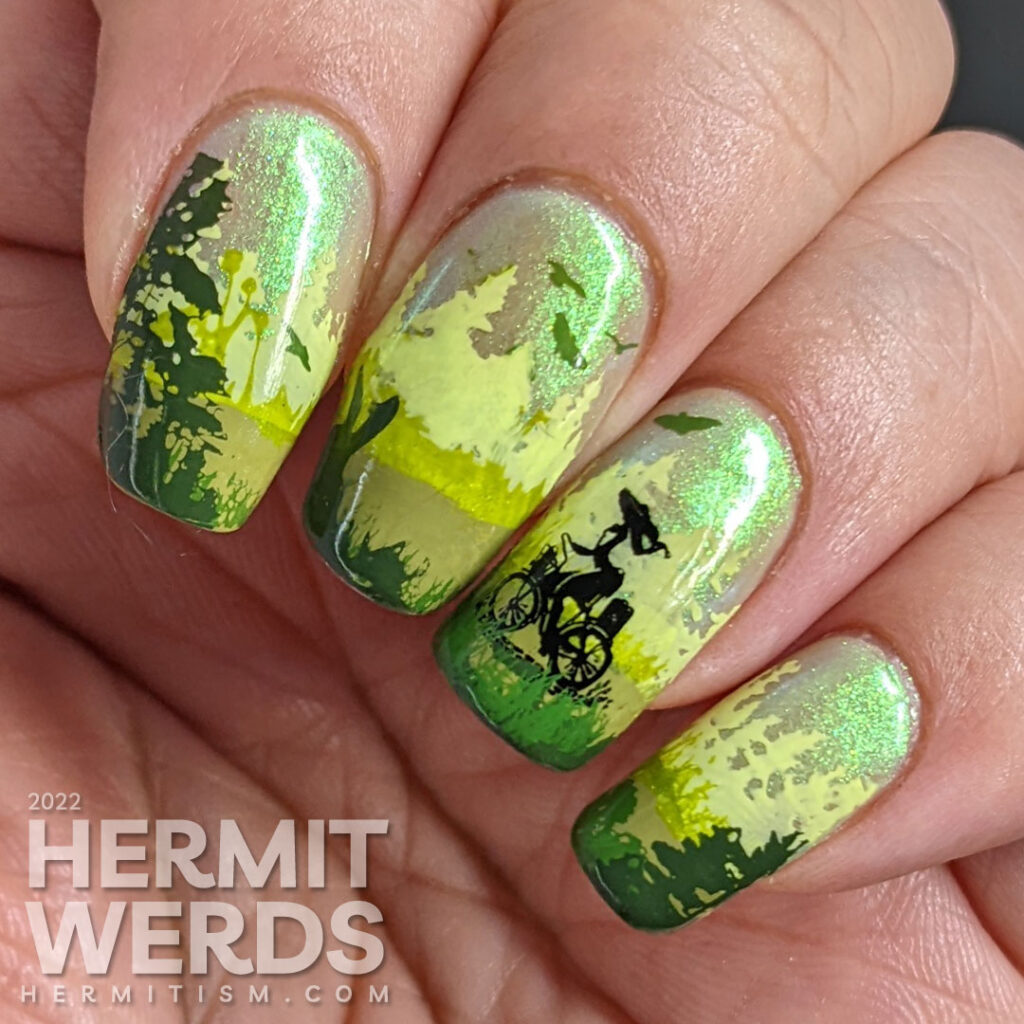 A layered landscape mani of a woodland with a path running through that a woman is biking down. Includes secret Sasquatch/Bigfoot.