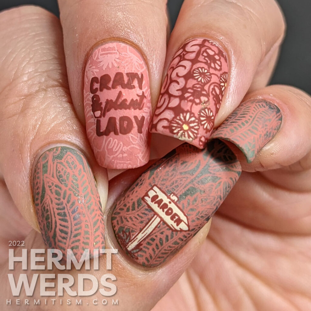 A salmon pink and green gardening nail art for people with plants on the brain. Actual brain and flower reverse stamping decals.