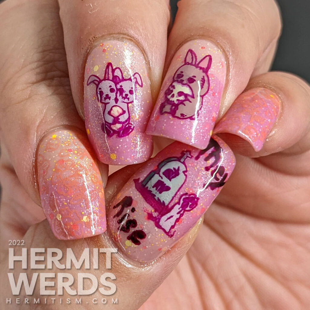 A holiday mashup nail design for Halloween and Easter with a pink/yellow thermal polish and zombie/monster rabbit stamping decals.