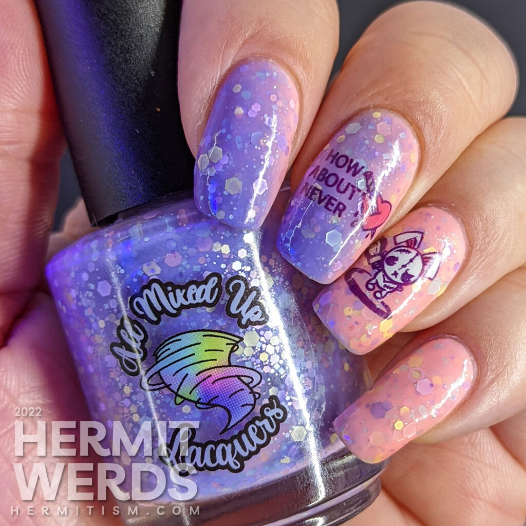 An anti-Valentine/Easter/Halloween pink/purple solar crelly mani with emo bunny stamping decals wielding indifference and a chainsaw/knife.