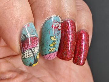 A blue and red nail art with stamping decals of pink umbrellas, singing yellow birds, and rainy clouds and two nails covered in red flakies.