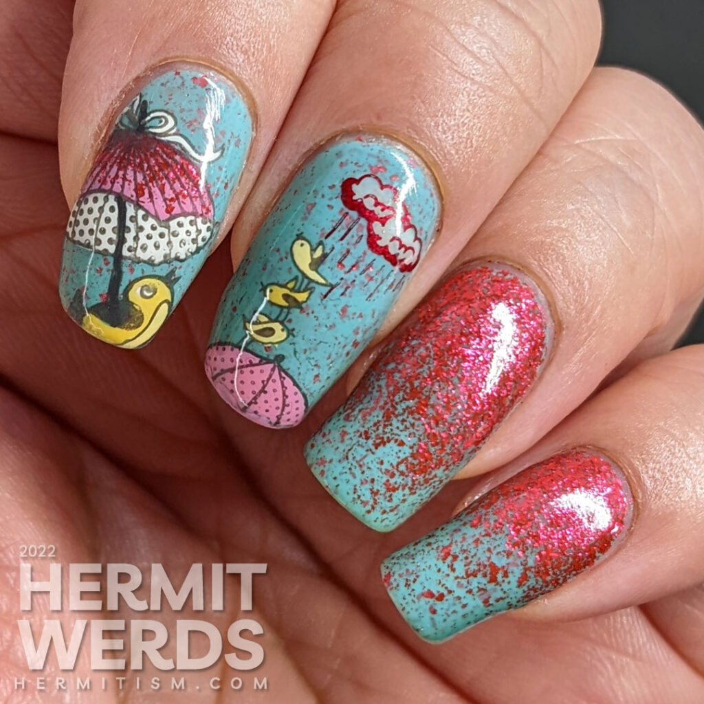 A blue and red nail art with stamping decals of pink umbrellas, singing yellow birds, and rainy clouds and two nails covered in red flakies.