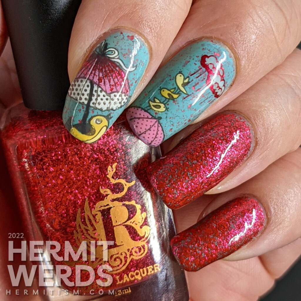 A blue and red nail art with stamping decals of pink umbrellas, singing yellow birds, and rainy clouds and two nails covered in red flakies.