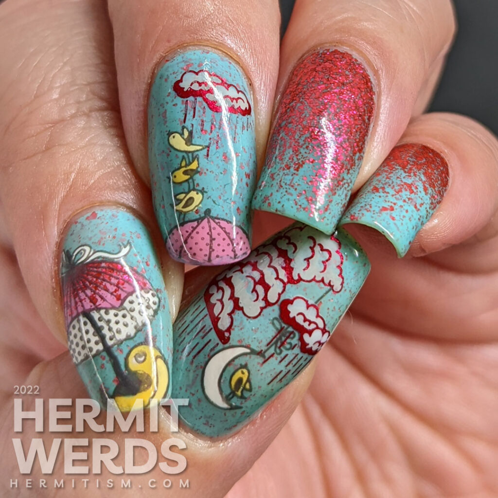 A blue and red nail art with stamping decals of pink umbrellas, singing yellow birds, and rainy clouds and two nails covered in red flakies.