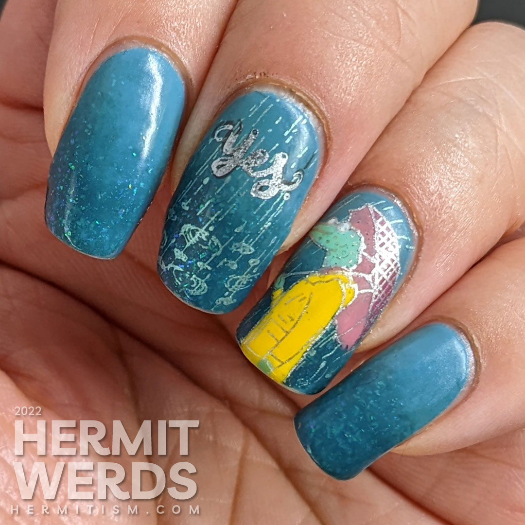 A teal rainy nail art with stamping decals of rain and a humanoid alligator with an umbrella and raincoat. ManixMe mani.