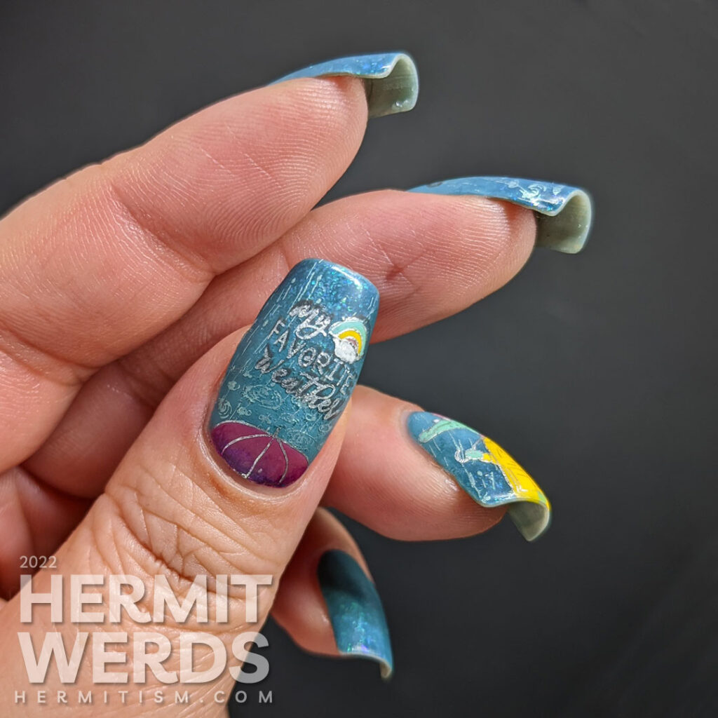A teal rainy nail art with stamping decals of rain and a humanoid alligator with an umbrella and raincoat. ManixMe mani.