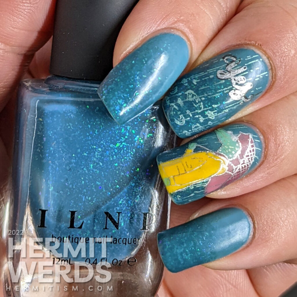 A teal rainy nail art with stamping decals of rain and a humanoid alligator with an umbrella and raincoat. ManixMe mani.