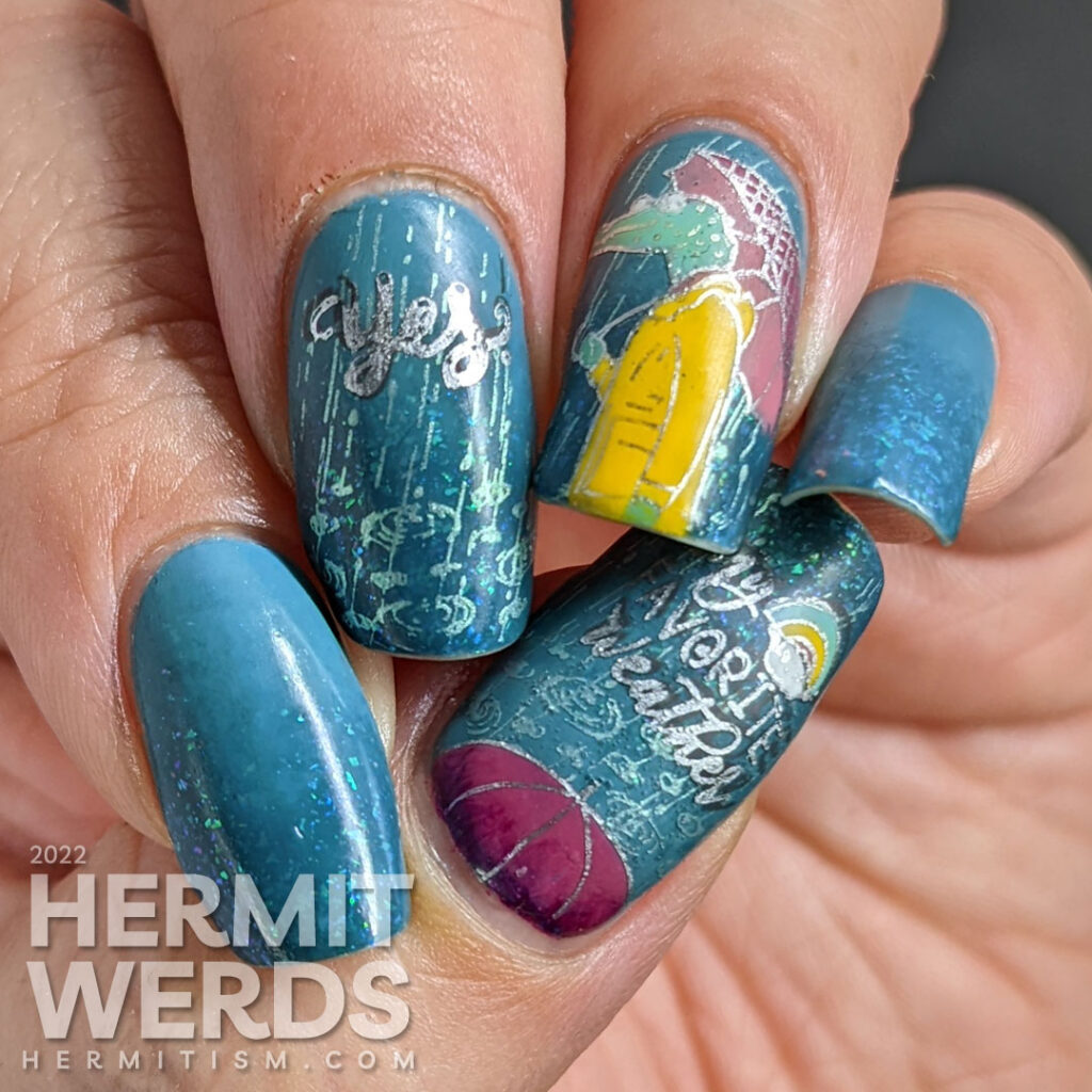 A teal rainy nail art with stamping decals of rain and a humanoid alligator with an umbrella and raincoat. ManixMe mani.